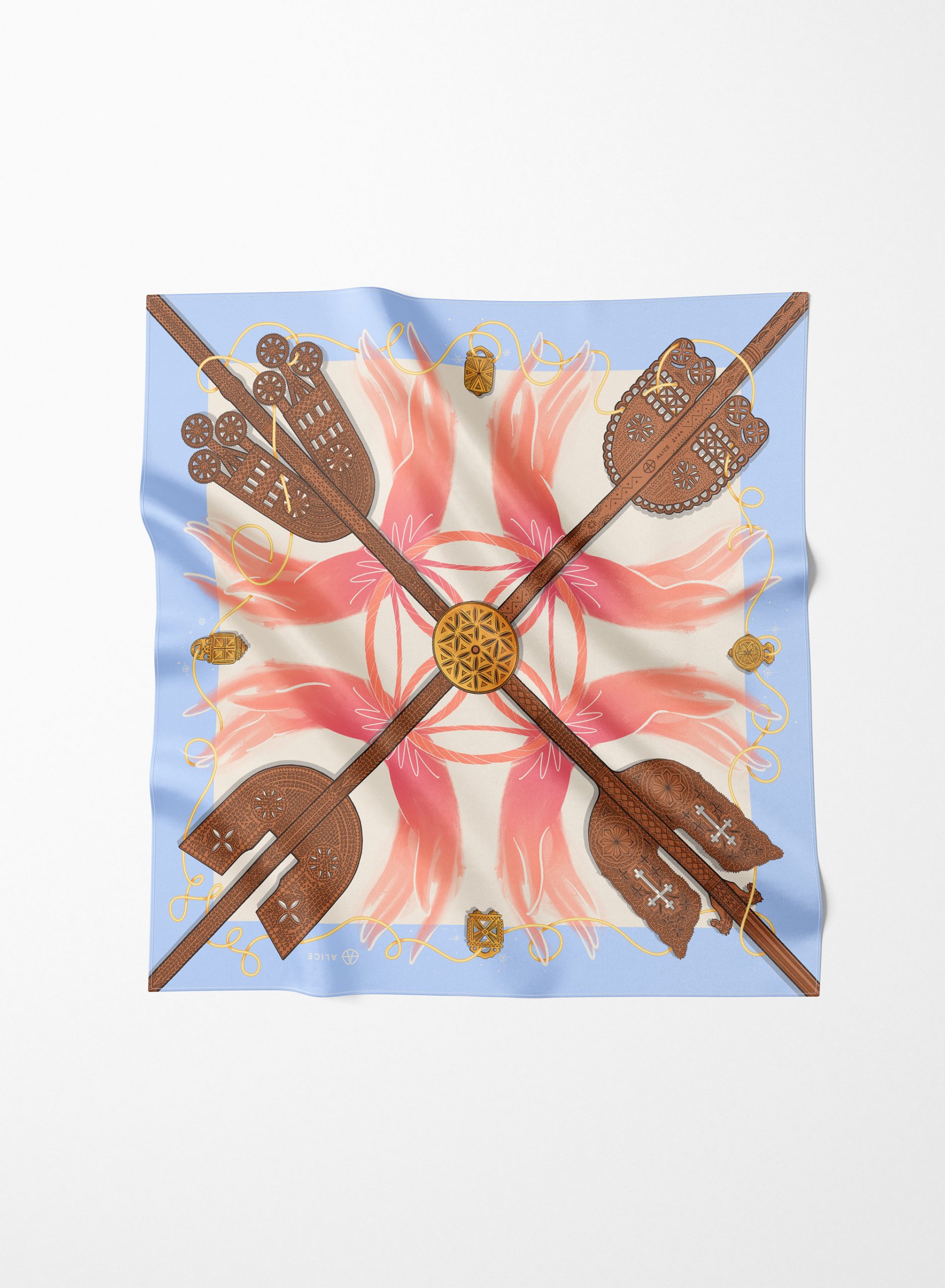 “Artist-illustrated Wings Silk Twill Scarf, 90x90 cm, inspired by winged spinning distaffs with totemic symbolism, featuring timeless designs and vibrant colors for modern elegance.”